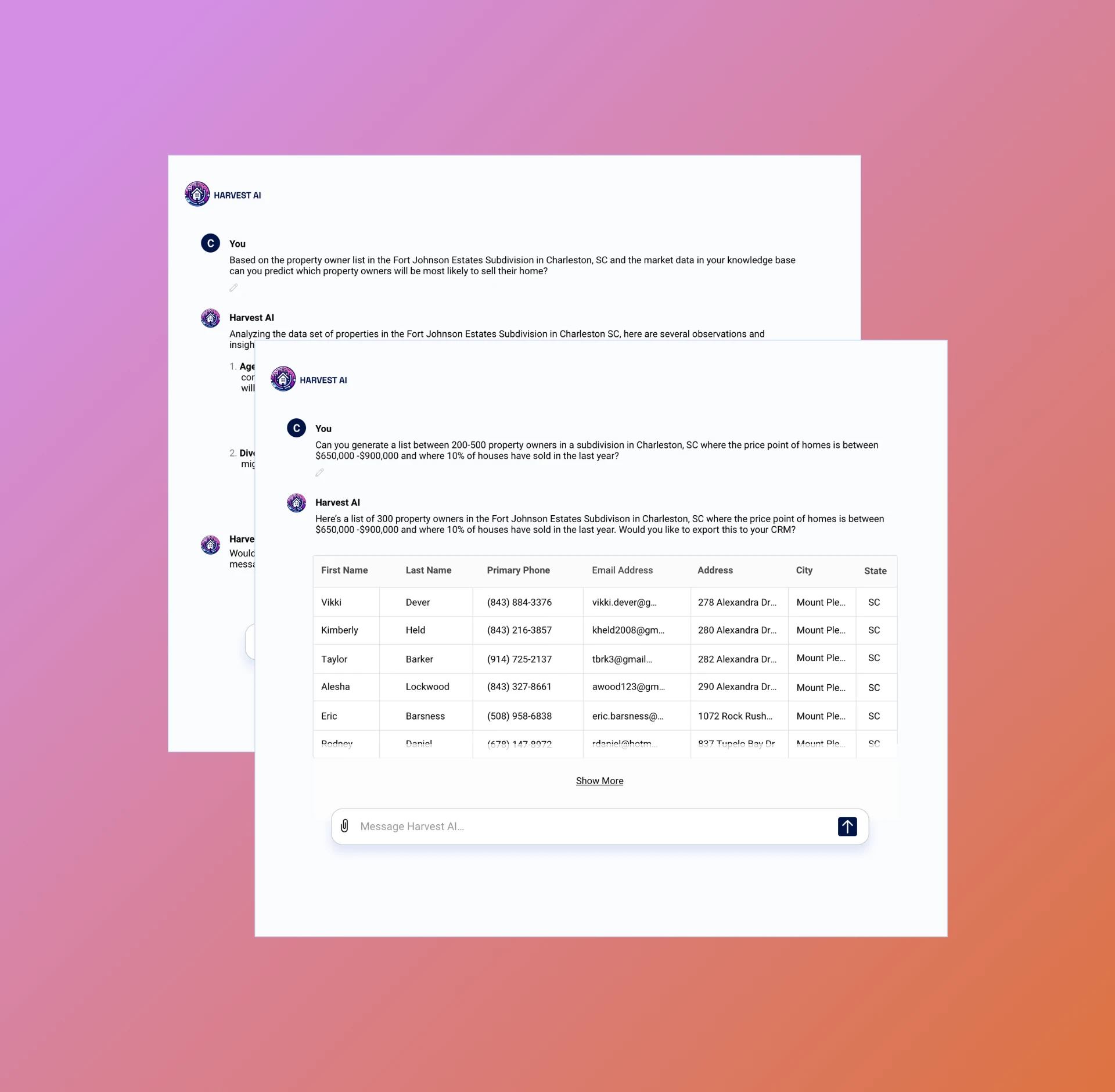 Harvest AI conversations showing an agent requesting property owners in a Charleston subdivision and Harvest returning a structured owner table