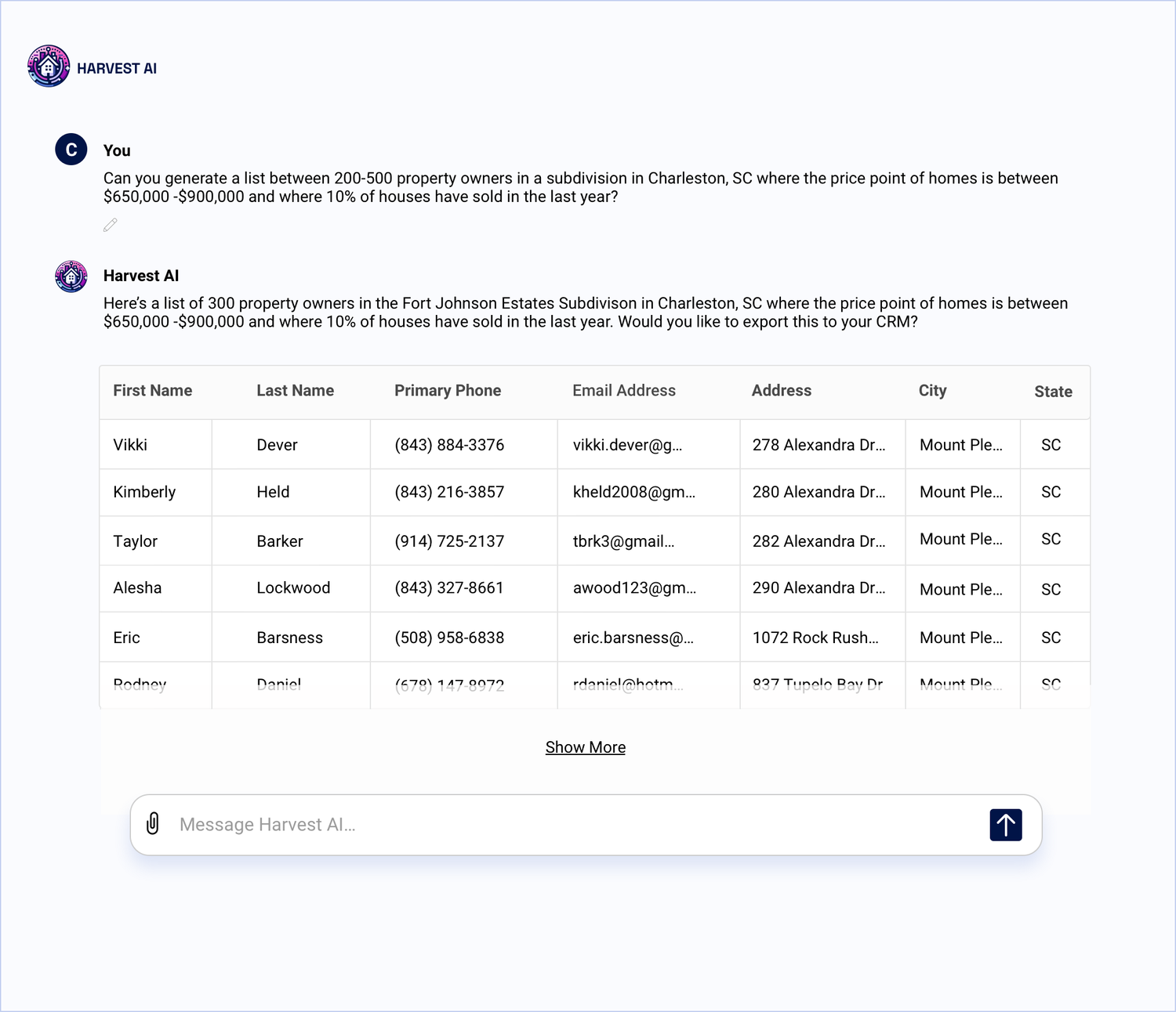 Harvest AI conversation where an agent asks for property owners in a Charleston subdivision by price point and turnover, and Harvest returns a structured table of owners with contact details