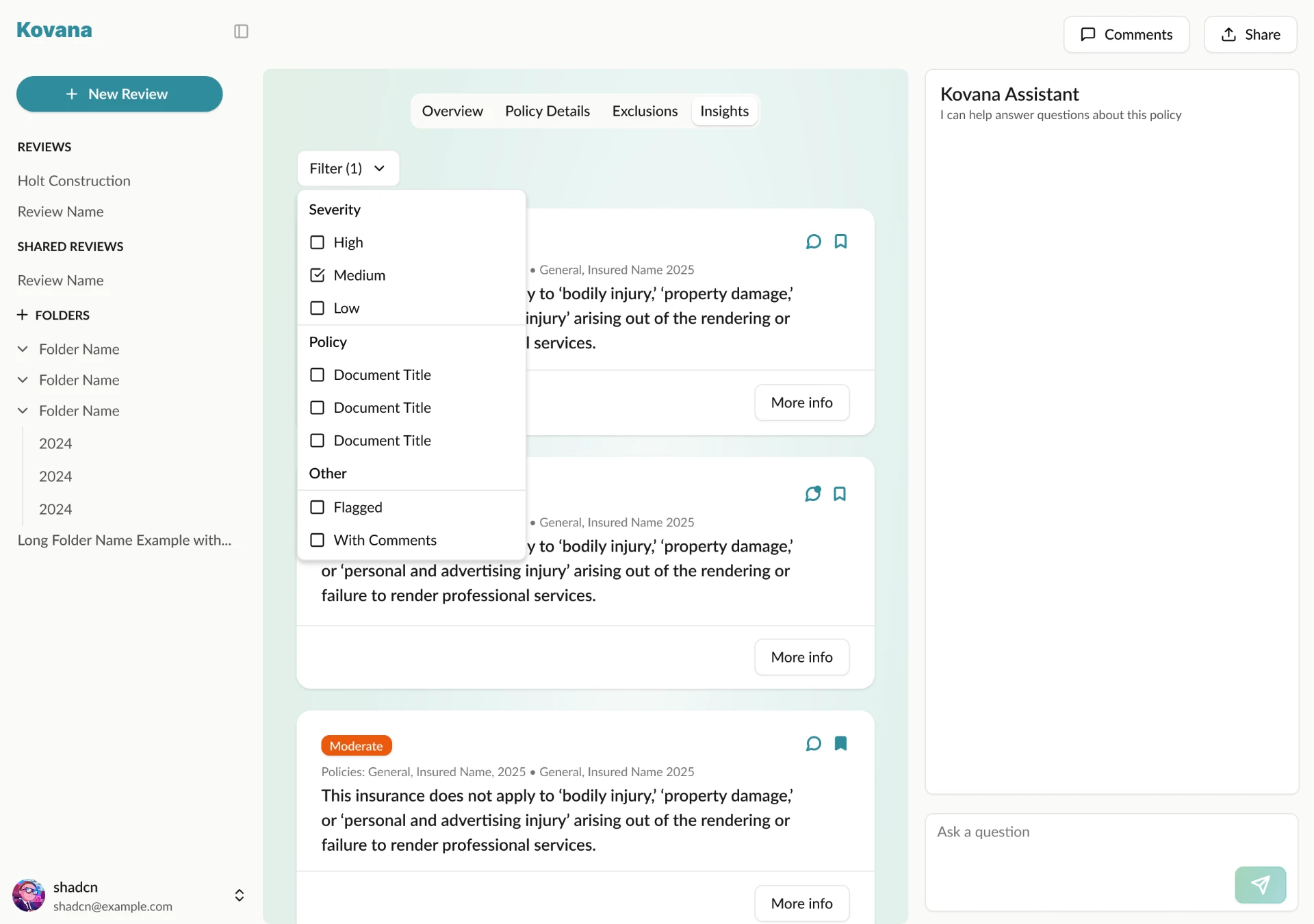 Kovana Insights view with the filter panel open for severity, policy, and other attributes, showing findings pulled from multiple policies with the Kovana AI assistant alongside