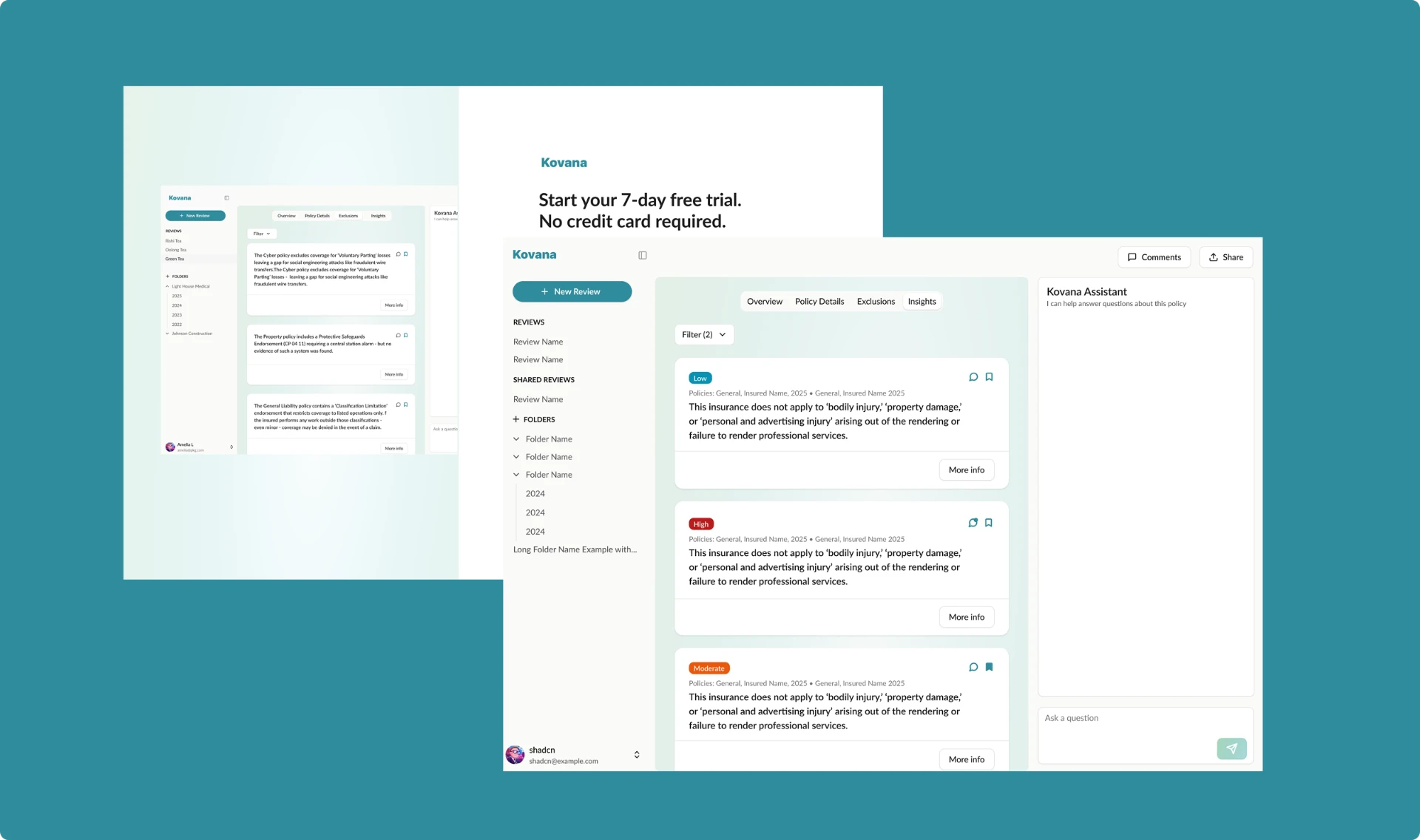 Kovana product montage: policy analysis workspace with structured findings and the Kovana AI assistant on a teal background