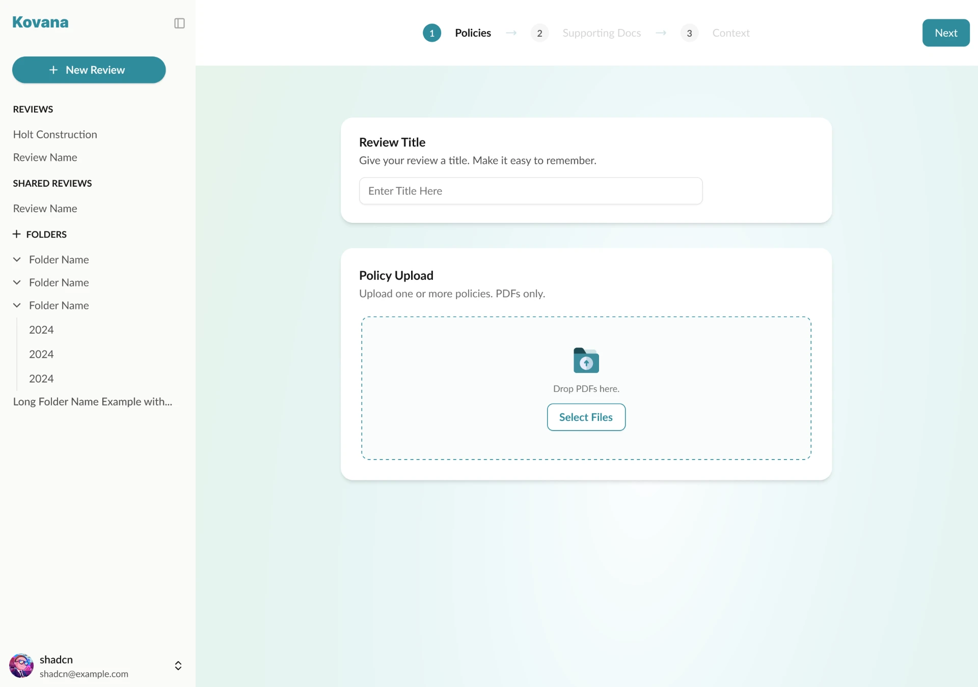 Kovana New Review screen: review title field, PDF policy upload dropzone, and the Policies, Supporting Docs, and Context steps at the top of the workflow