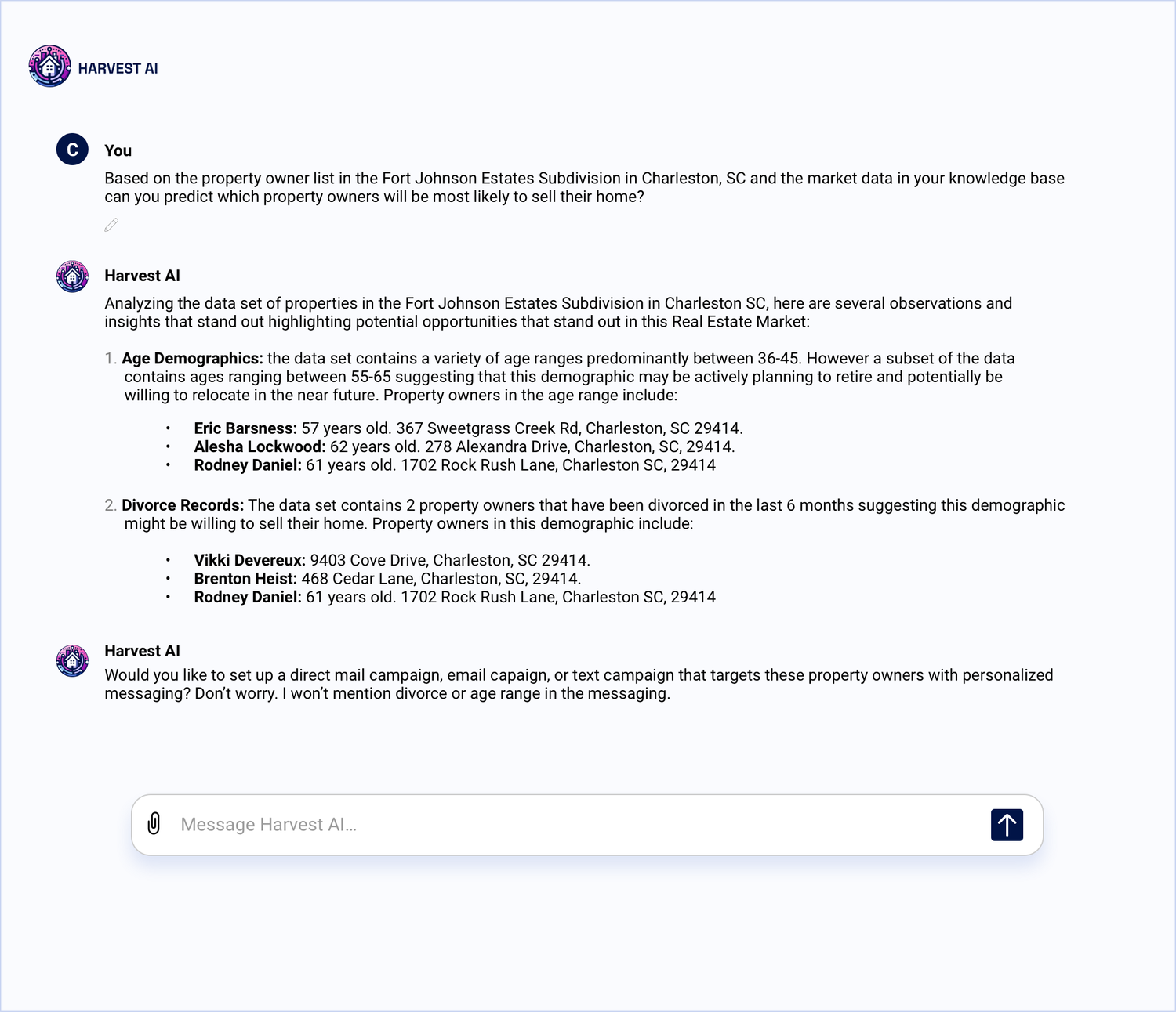 Harvest AI conversation where the agent asks which owners are most likely to sell, and Harvest groups prospects by age demographics and recent divorce records, then offers to set up an outreach campaign