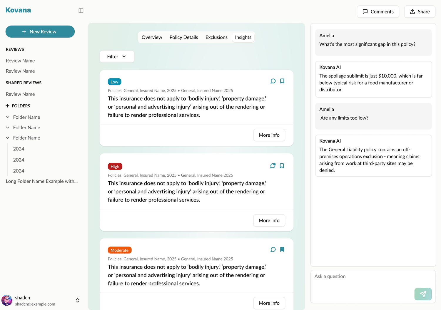 Kovana Insights workspace with structured policy findings in the center and the Kovana AI assistant panel on the right answering follow-up questions about policy gaps and limits