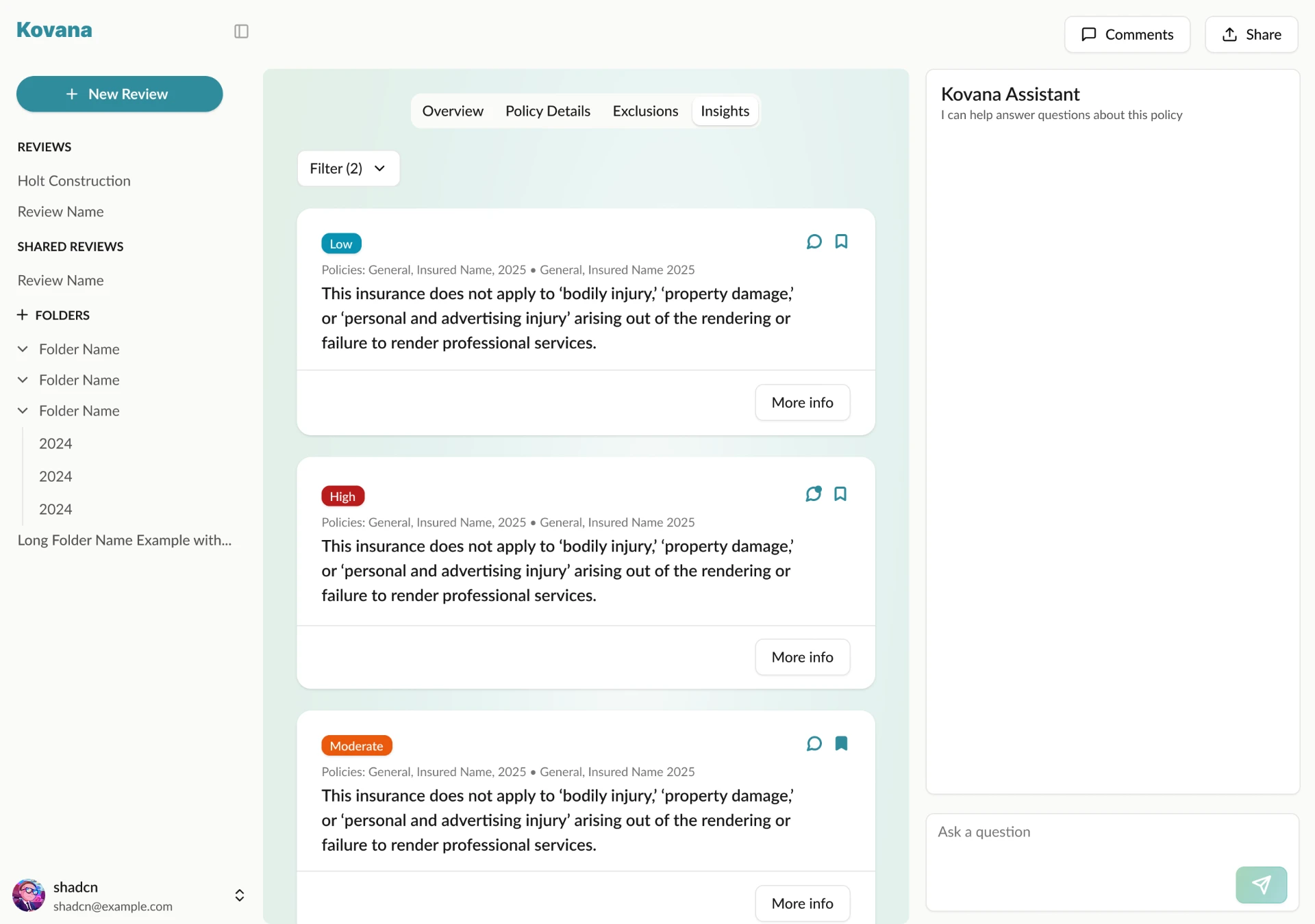 Kovana Insights tab with findings tagged Low, High, and Moderate severity, each with its policy context and a More info action, alongside the Kovana AI assistant panel