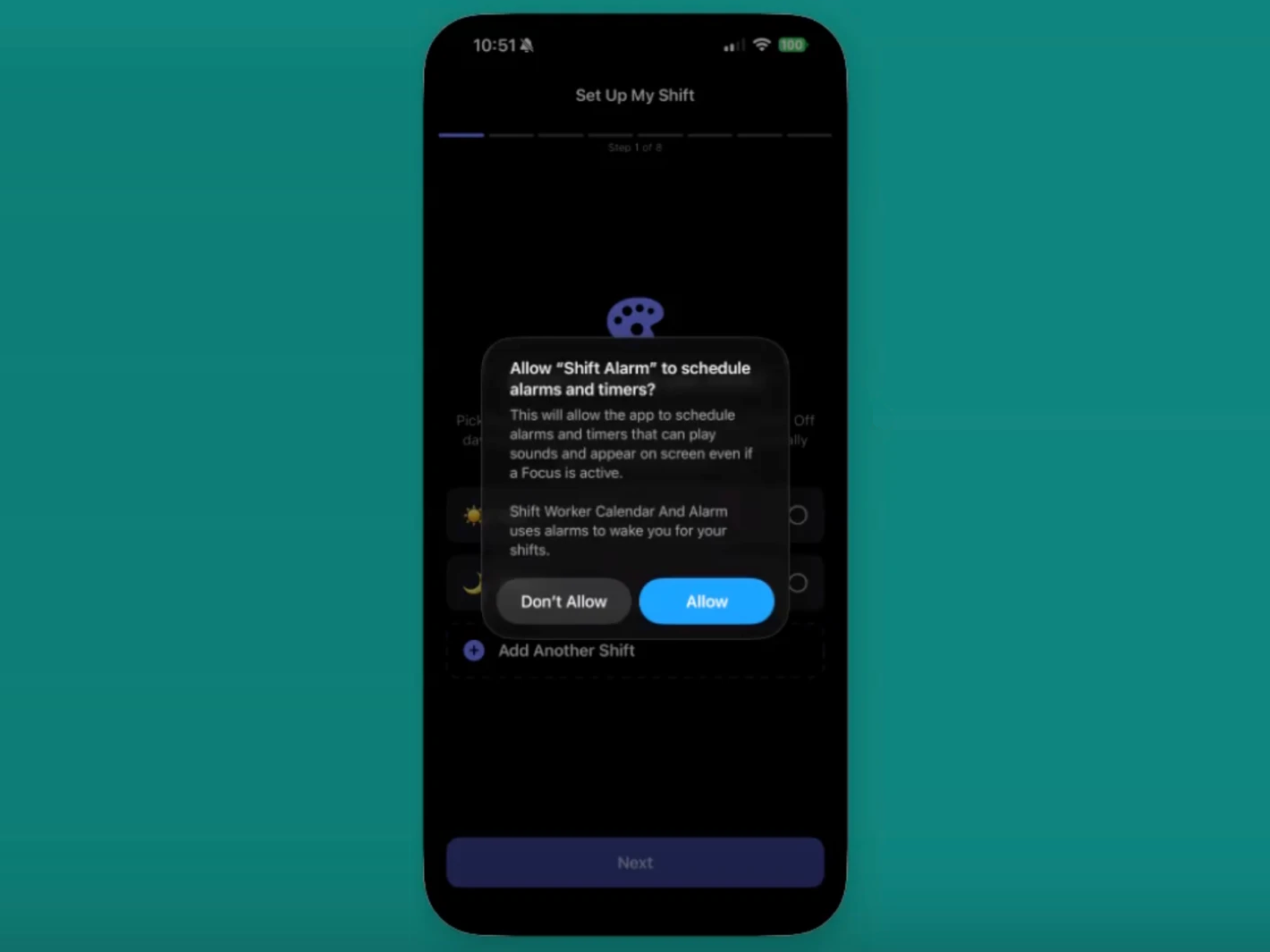 Shift Alarm onboarding audit: the mobile Set Up My Shift flow with the alarm permission prompt